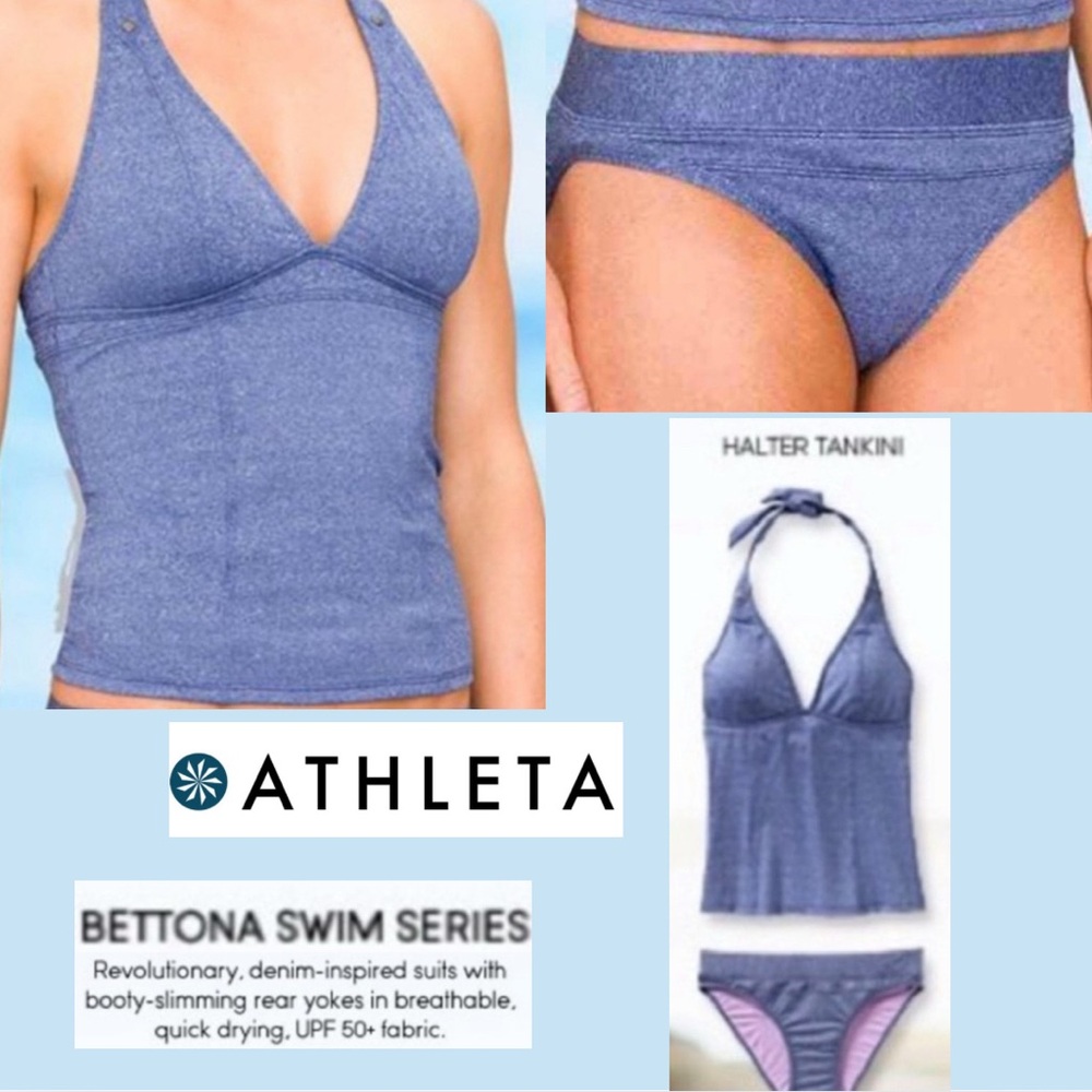 Athleta Bettona Denim-Effect Halter Tankini in Blue